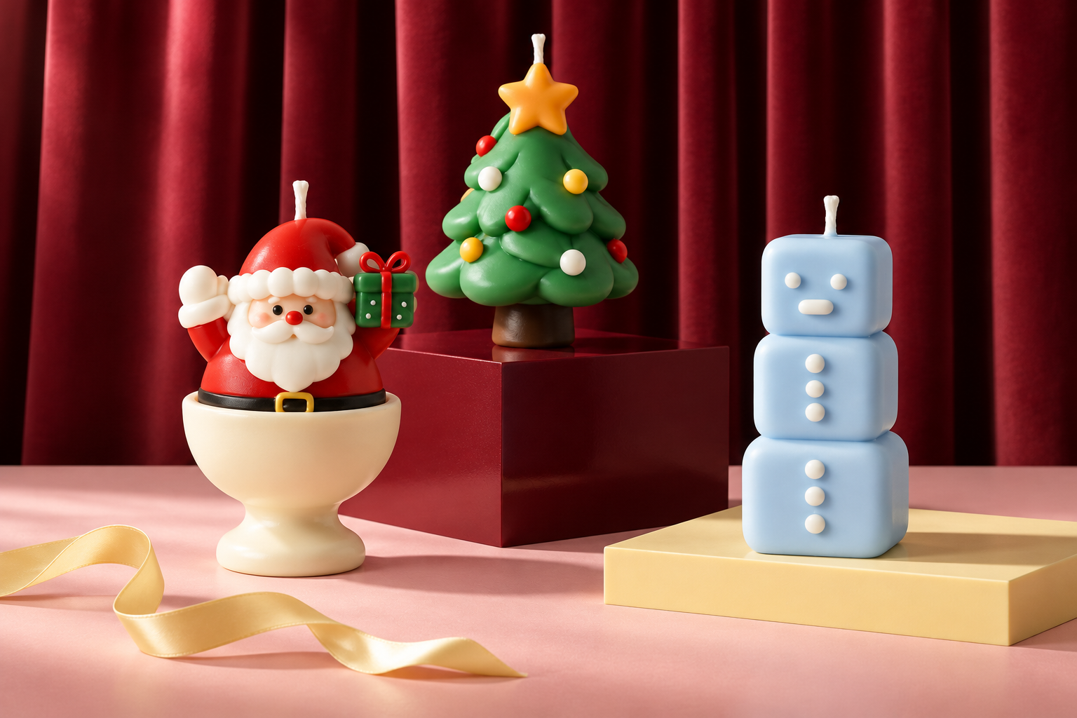 Santa pedestal, bauble Christmas tree and blue snowman in a theatrical burgundy holiday still life